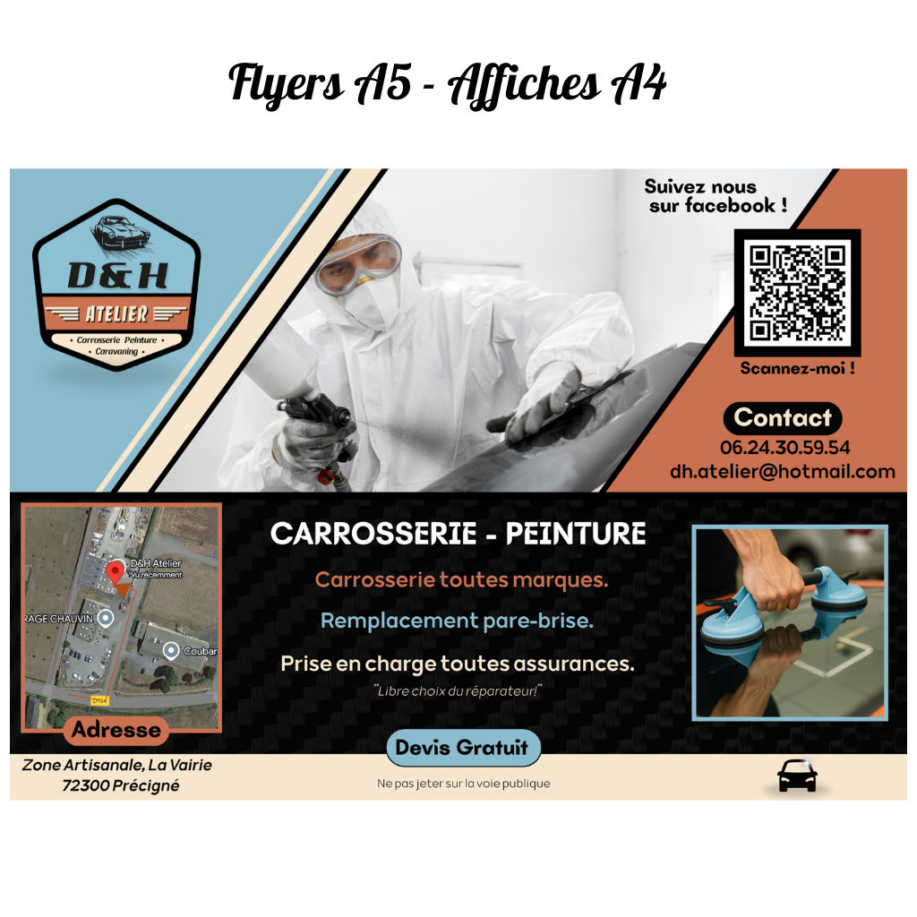 Flyer A5 et affiche A4 réalisé par un grain de folie pour D&H Atelier, carrossier peintre spécialisé en caravaning à Précigné, présentant ses services et informations de contact.