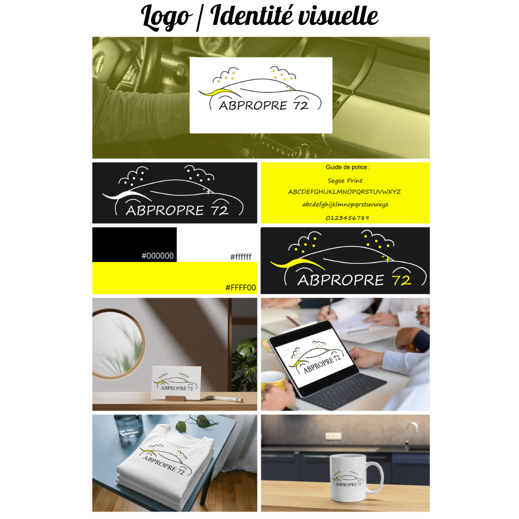 Branding et identité visuelle créés par un grain de folie pour AB Propre 72, comprenant logo, couleurs, typographies et mises en situation sur carte de visite, écran, t-shirt et tasse.