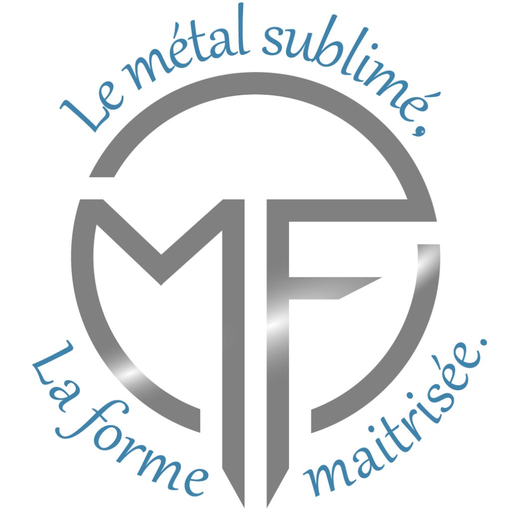 Logo Metaform' une société de chaudronnerie industrielle en Normandie, à fait appel à l'agence un grain de folie. Le logo c'est un M et un F avec effet métal brillant et la phrase “Le métal sublimé, la forme maîtrisée”.