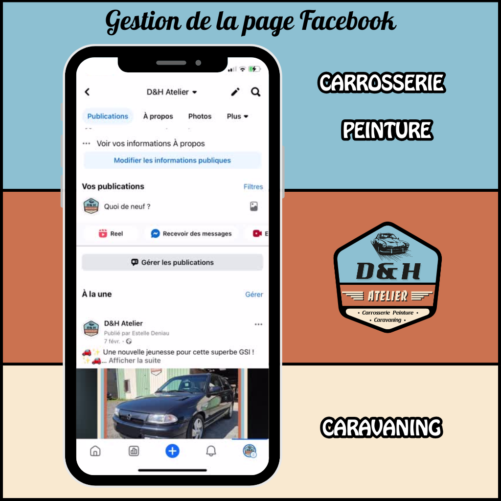 Visuel créé par un grain de folie pour présenter la gestion de la page Facebook de son client D&H Atelier, carrossier peintre spécialisé en caravaning à Précigné dans la Sarthe.