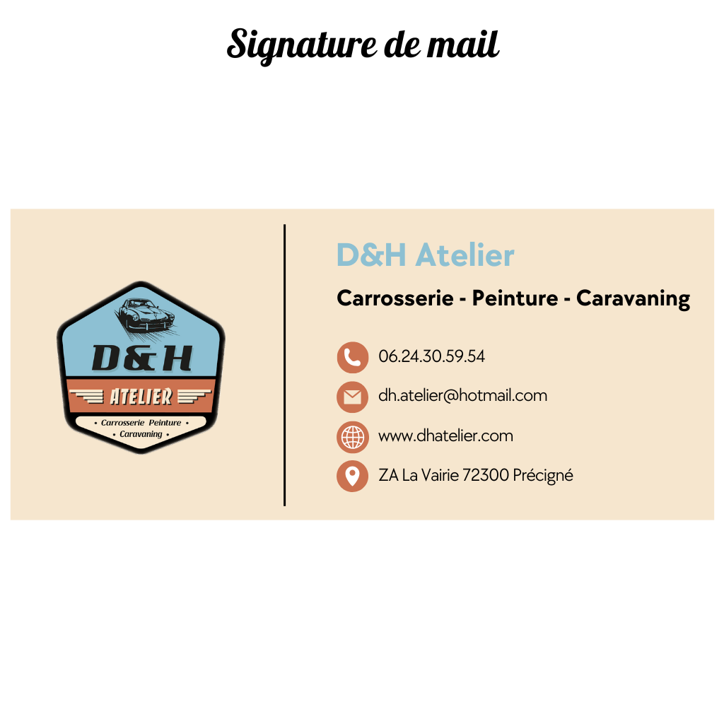 Visuel de la signature de mail réalisée par un grain de folie pour D&H Atelier, carrossier peintre spécialisé en caravaning à Précigné dans le 72.