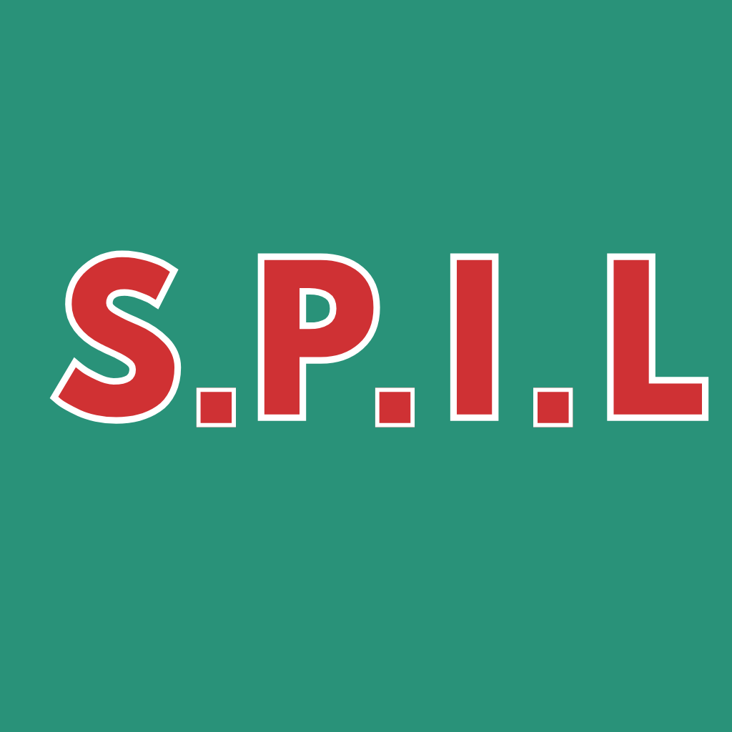 Logo du client SPIL avec lettres rouges sur fond vert et carrés rouges séparateurs.
