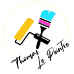 Logo du client Thomas le peintre avec rouleau et pinceau dans un cercle, couleurs jaune, bleu et rose.